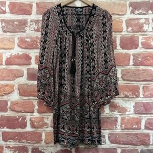 Vintage Angie Dress Women's Medium Black Multicolor Boho Aztec Crinkle Casual